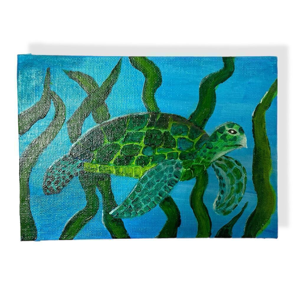 Handmade acrylic painting sea turtle seaweed 5X7 blue green